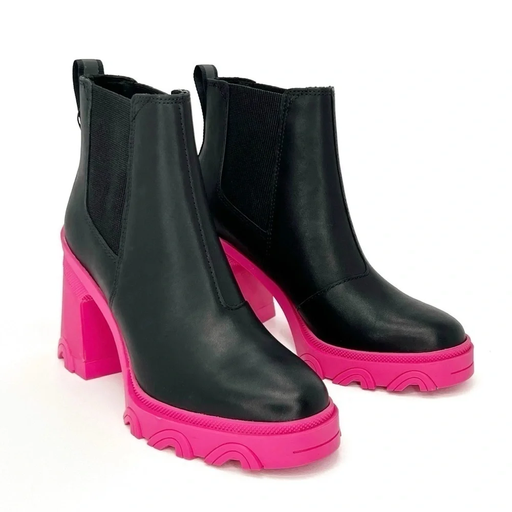 Sorel Brex Waterproof Chelsea Ankle Boots Size 8 Platform Black Pink New NWT
